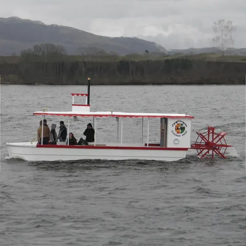 A boat propelled by a paddle wheel drive system