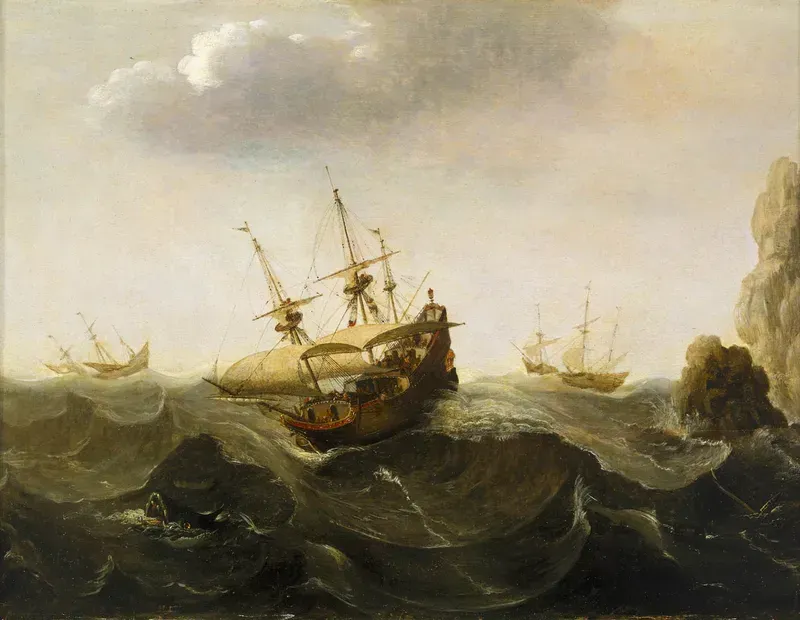A ship sailing in a rough sea