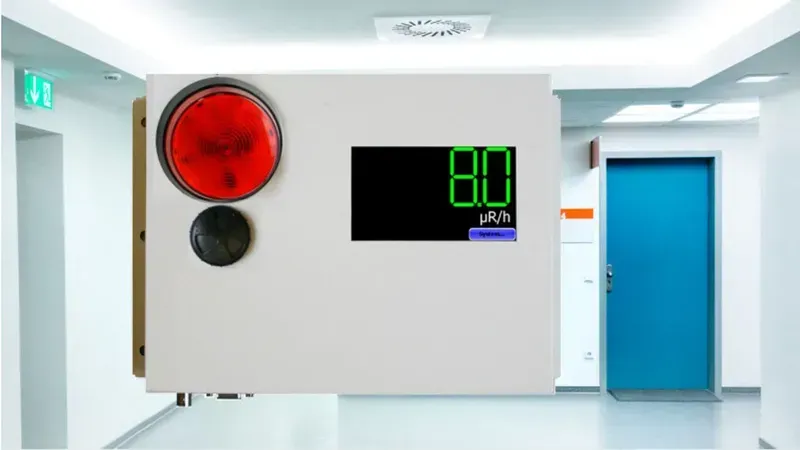 Close-up of a radiation monitoring station control board