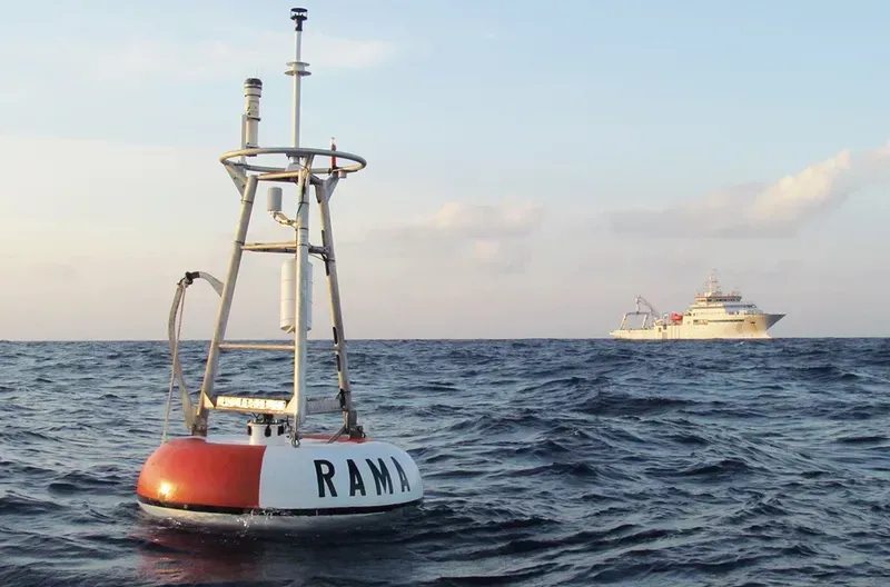 A deployed urban heat island monitoring buoy in action